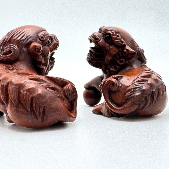 Ojime Netsuke 2 Foo Dog Lion Figurines Hand-Carved Boxwood Signed No Hole #2.3 - Picture 4 of 9